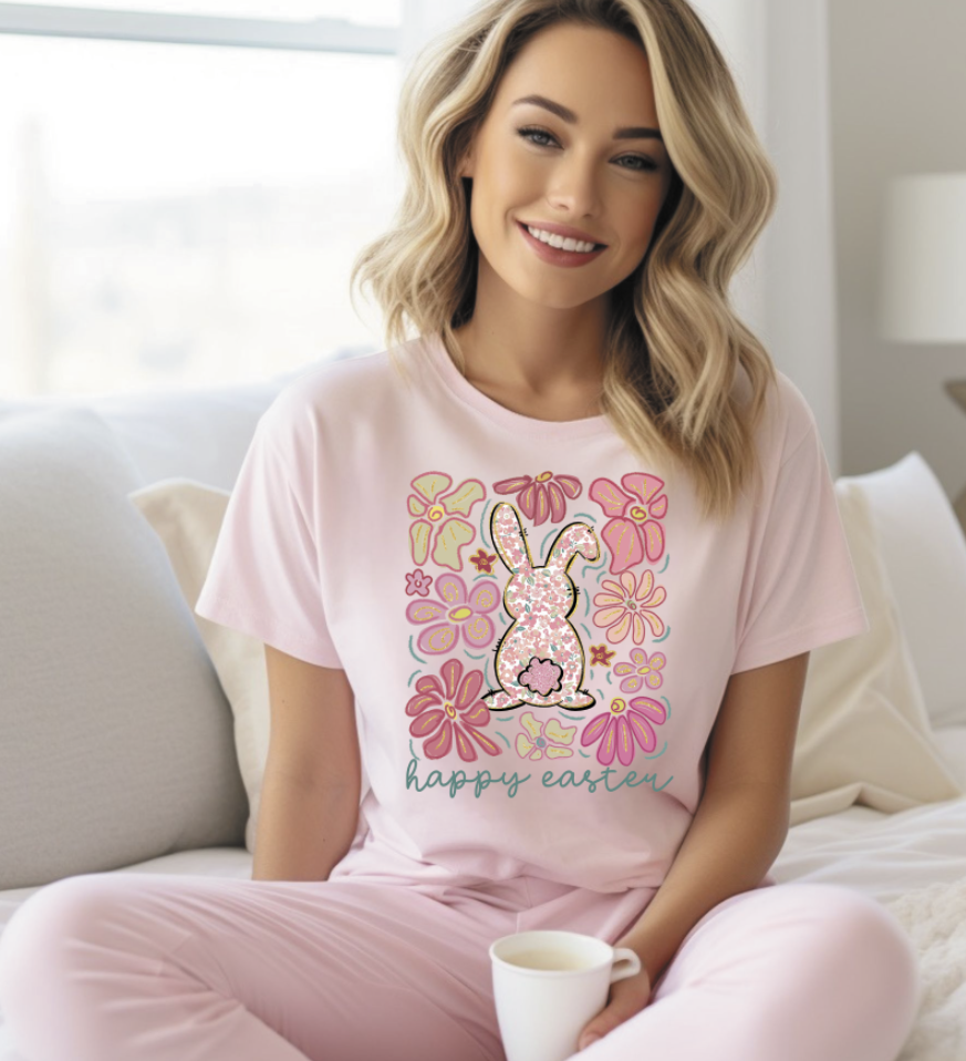 Happy Easter bunny and flowers