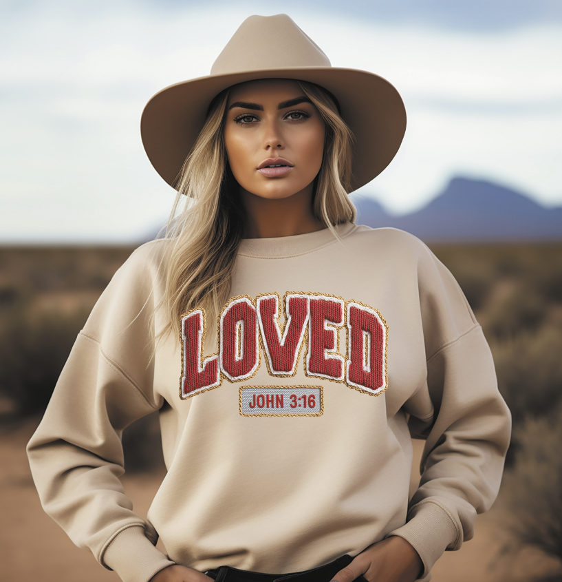 Loved John 3:16 faux embroidered