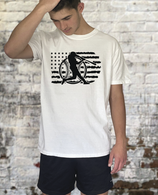 Baseball player with ball and flag